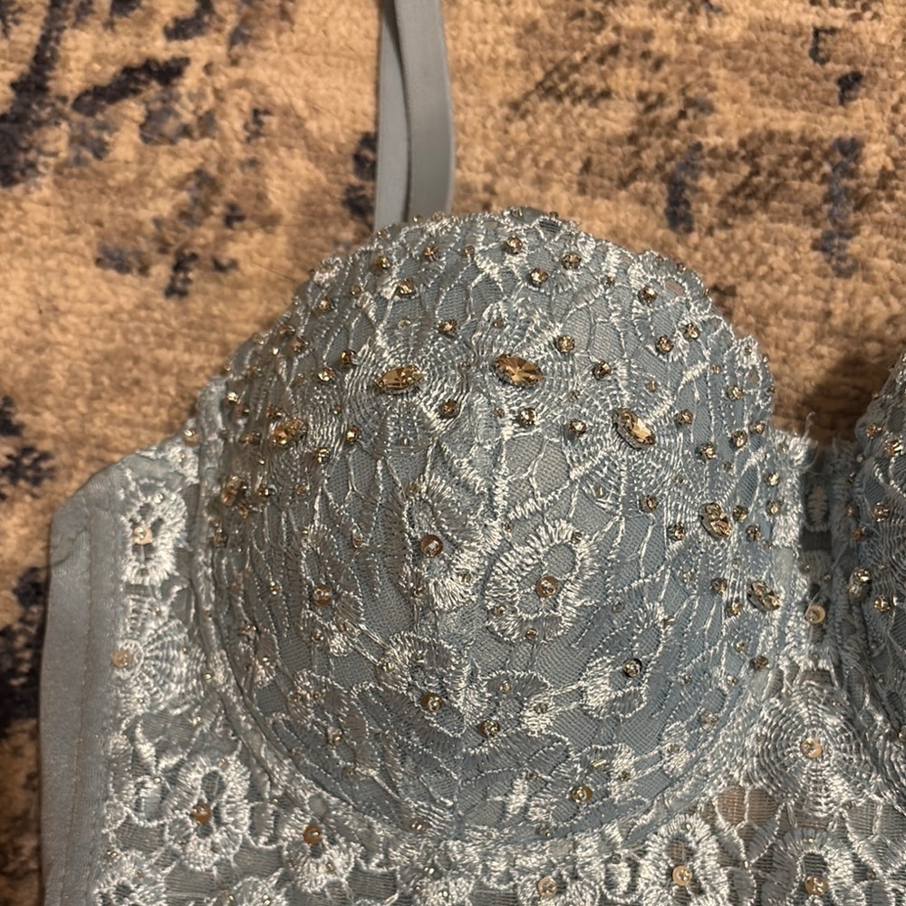 Windsor Blue and Silver Lace Longline Bralette - Picture 3 of 7